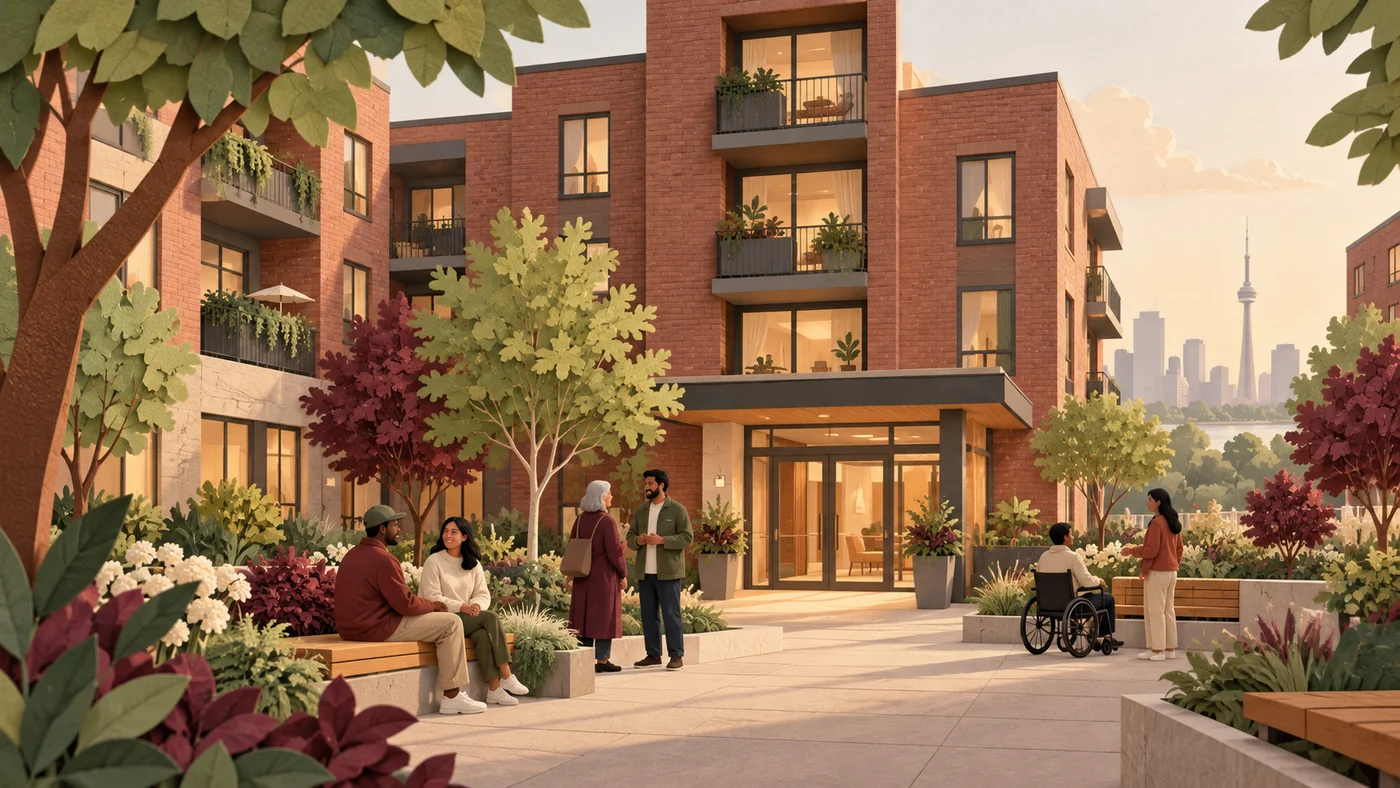Conceptual illustration of accessible housing and a communal courtyard